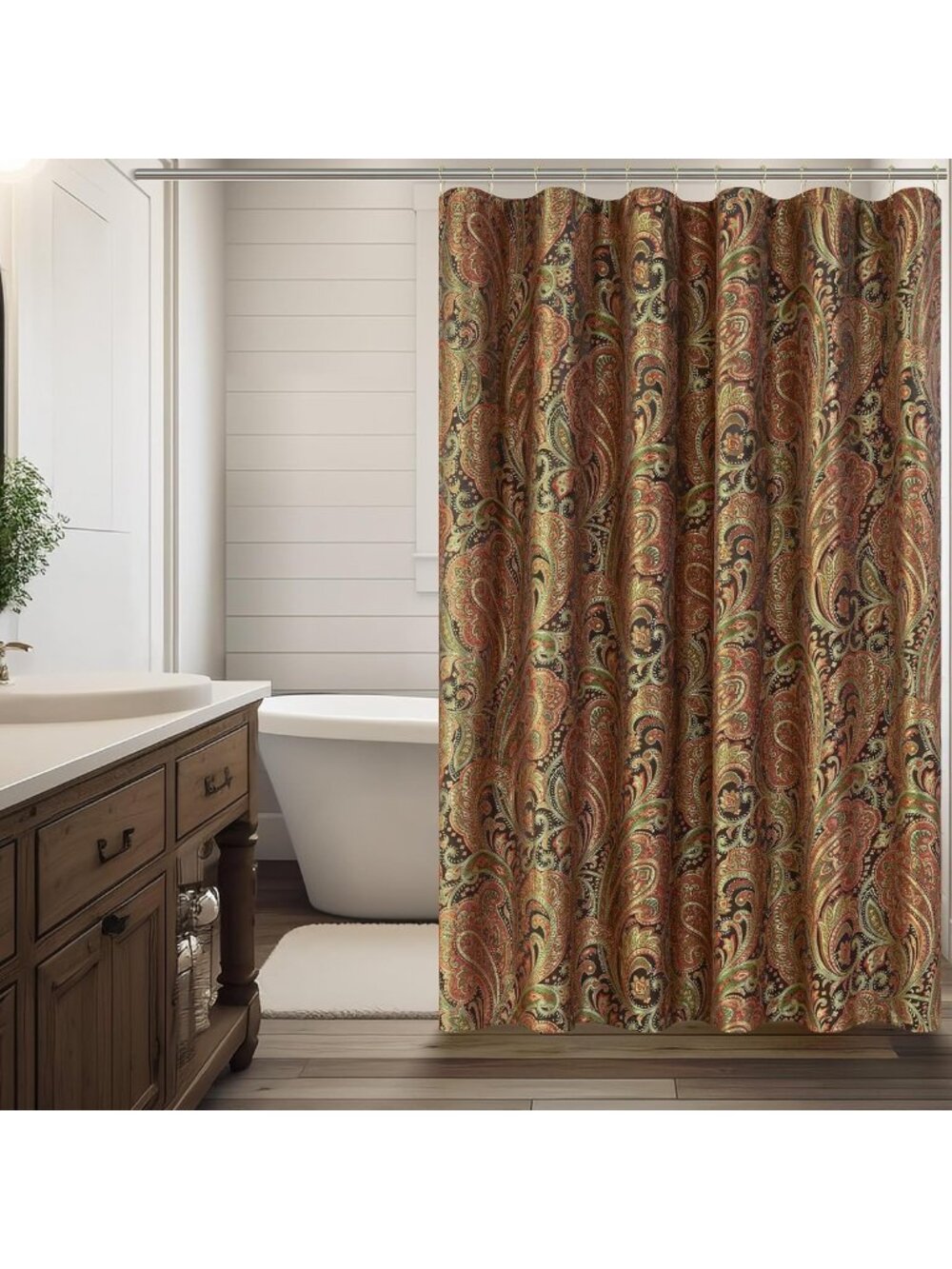 Textured Fabric Shower Curtain Set - Multi-Color Paisley Design, Water-Resistant